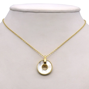 18K rose gold necklace featuring a delicate round white mother of pearl shell pendant
