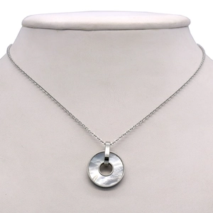 Elegant 18K rose gold necklace with a round white shell pendant on a refined silver chain