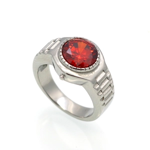 Bague en acier titane style bracelet de montre avec zircon rouge rond argenté