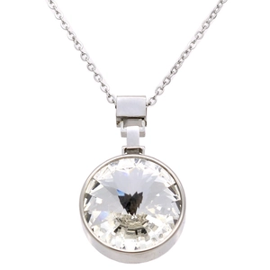 Minimalist silver necklace with a large round faceted crystal pendant on a cross chain