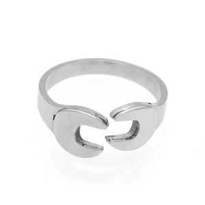 Macro view of adjustable wrench-shaped ring featuring a polished silver metallic finish