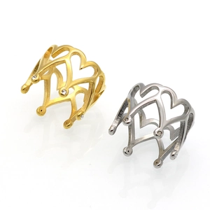 Polished stainless steel crown rings with hollow heart design and sparkling zircons