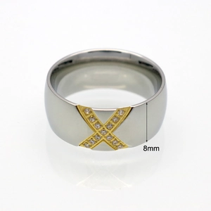 8mm polished stainless steel ring with a gold X design and micro-paved sparkling zircons