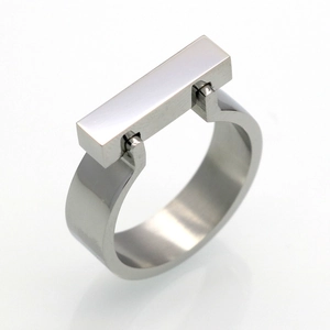 Minimalist square polished titanium steel ring with geometric architectural design