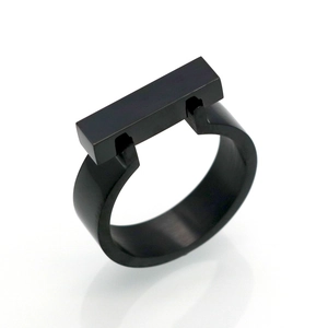 Minimalist black matte titanium steel geometric square ring with a brushed metal finish