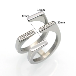 Minimalist double layer open ring with cubic zirconia stones shown from a 45-degree angle