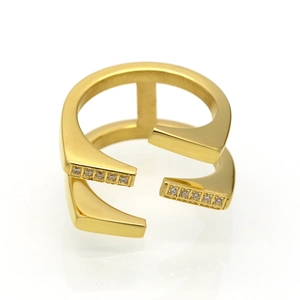Minimalist double-layered gold open ring with cubic zirconia stones for women