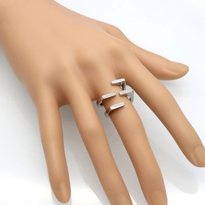 Minimalist silver double-layer open ring with sparkling cubic zirconia geometric design