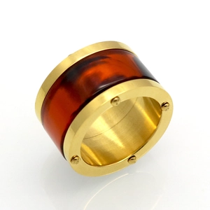 Industrial gold plated stainless steel ring with resin inlay and screw details