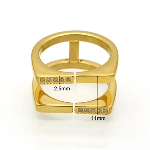 Minimalist double-layer gold ring with square zircons and 11mm width measurement