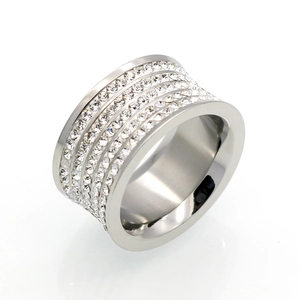 Polished titanium steel ring with five rows of pavé crystals in a wide band design