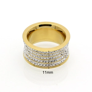 Golden 11mm wide stainless steel ring with four rows of sparkling cubic zirconia stones