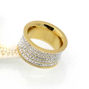 Detailed view of a wide gold titanium ring with four rows of crystal pavé setting