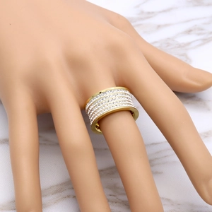 Luxurious gold stainless steel wide band ring featuring five rows of micro-paved crystals