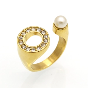 Open U Shaped Ring 316L Stainless Steel 18K Gold Plated Rhinestone And Imitation Artificial Pearl Minimalist Jewelry For Women