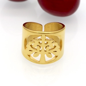 Poliertes goldener Edelstahl-Ring mit offenem Design und Lebensbaum-Muster