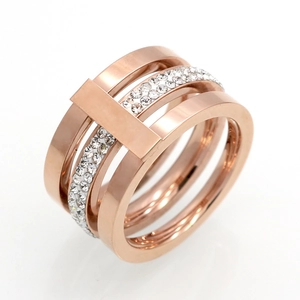 Multi Row Triple Layer Ring 316L Stainless Steel With Zircon Inlaid 18K Gold Plated Minimalist Geometric Band