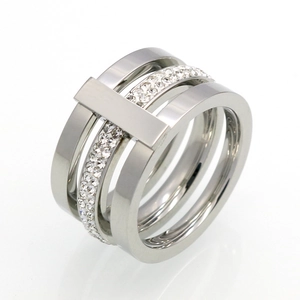 Three-band silver ring with sparkling crystal pave and a vertical rectangle metal slider