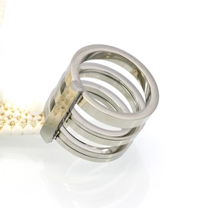 Detail view of a minimalist four-layer silver stainless steel ring with starfish decor