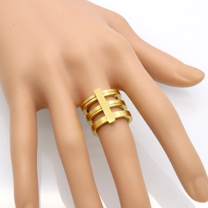Gold titanium steel triple layer geometric ring with minimalist architectural design