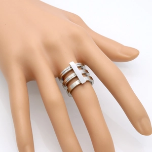 Minimalist silver triple-layer stainless steel ring with industrial geometric design