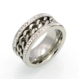 Polished silver stainless steel Cuban chain ring with double rows of pavé crystals