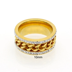 Macro view of 10mm gold Cuban chain ring with double rows of sparkling cubic zirconia
