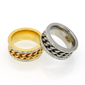 Gold and silver stainless steel rings with Cuban chain links and double-row cubic zirconia