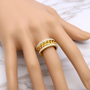 Gold Cuban link chain ring with double rows of sparkling crystals for fashion women