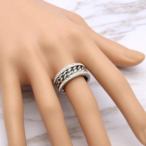 Silver stainless steel wide ring featuring cuban chain texture and double row diamonds