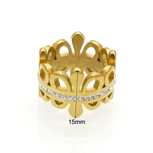 Elegant gold crown ring for women with white crystal inlay, height measures 15mm