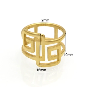 Bague double couche en acier doré avec motif grec et découpes géométriques minimalistes