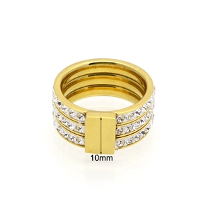 Bague triple anneau plaqué or 18K sertie de trois rangées de zircons et plaque de 10mm