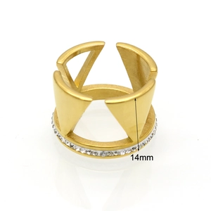 Golden geometric triangle ring with inlaid diamonds and 14mm height dimension