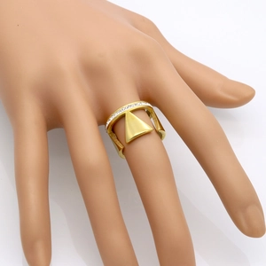 Modern gold titanium steel ring with geometric triangle design and pavé crystals