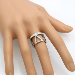 Modern silver titanium steel ring with hollow triangle design and sparkling pave crystals