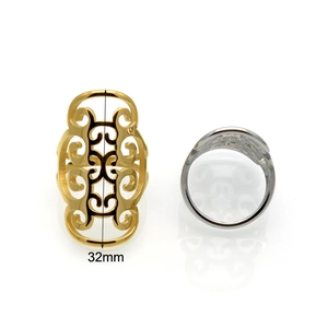 32mm wide hollow carved titanium steel shield rings in gold and silver finishes
