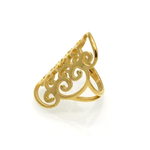 Detailed top view of a gold hollow scroll pattern shield ring in minimalist style