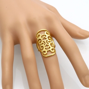 Golden boho hollow shield ring with wide intricate filigree design for women