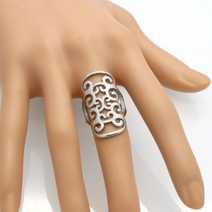 Silver hollow baroque floral pattern wide band stainless steel ring on model hand