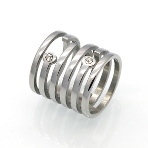 Minimalist silver multi-layer spiral titanium steel ring with two round zircon accents