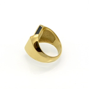Polished gold titanium steel open ring with rectangular black drip oil inlay design