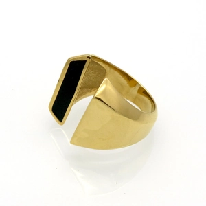 Modern gold titanium steel open ring with black rectangle inlay and minimalist style