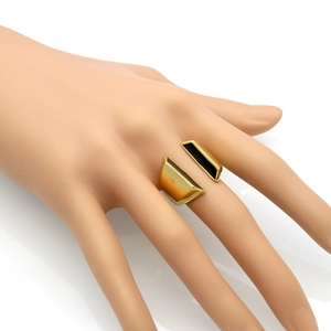 Modern gold titanium steel open ring with black enamel geometric design for women