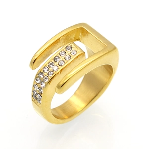 Anello Aperto da Donna in Acciaio Inossidabile 316L Placcato Oro Doppio Strato Geometrico con Zirconia Intarsiato Regolabile Gioielli