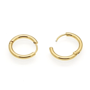 Classic gold hoop earrings with hinged closure shown in open and closed views