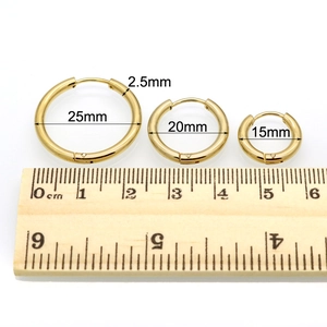 Three pairs of gold hoop earrings in 15mm, 20mm, and 25mm sizes with 2.5mm thickness