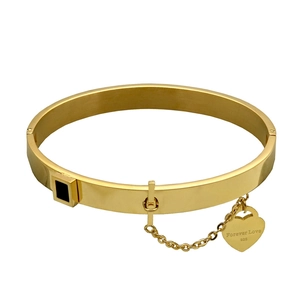 Fashion Stainless Steel Bangle Bracelet With Heart Pendant Chain Engraved Forever Love Black Epoxy Inlay Jewelry For Women