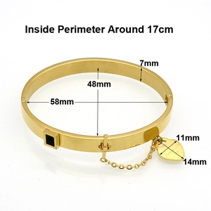 Gold stainless steel bangle with black inlay and Forever Love heart charm on a chain
