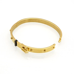 Golden stainless steel belt buckle bracelet with polished finish and rivet detailing
